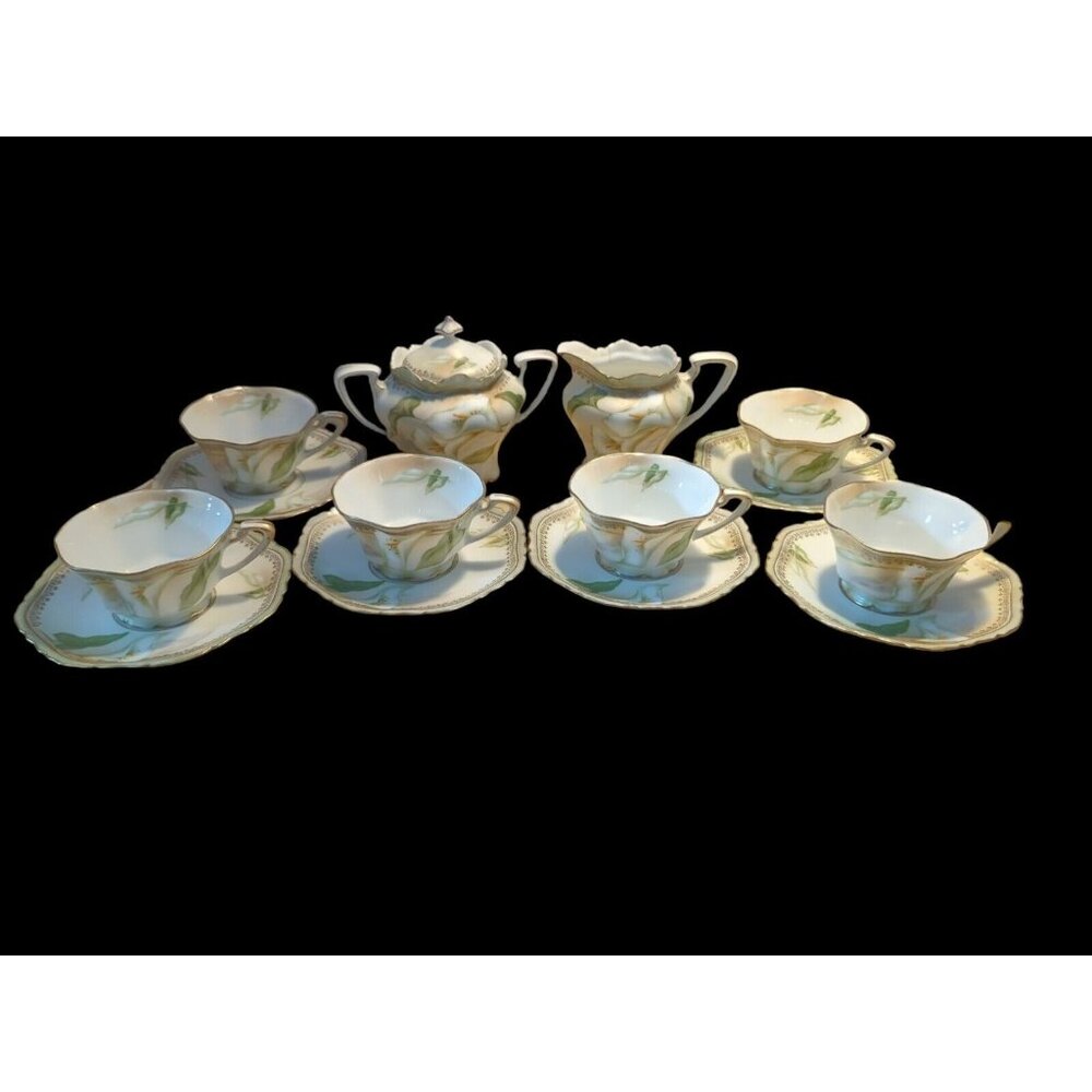 Antique RS Germany/Prussia Sugar Bowl Creamer 6 cups & 6‎ saucers Calla Lily